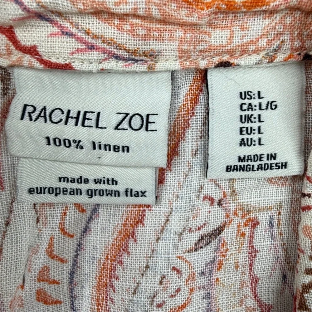Rachel Zoe Womens Orange Paisley 100% Linen Shirt L European 70s style earthy - Picture 3 of 8